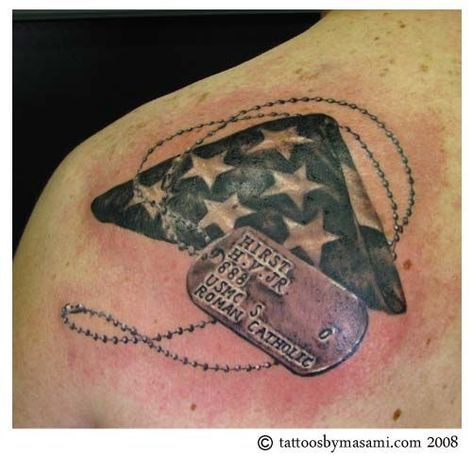 i want my grandpa's dog tag tattooed on me. i like the flag idea too! Soldier Tattoo Design, Dog Tag Tattoo, Fallen Soldier Tattoo, Dog Tags Tattoo, Usmc Tattoo, Grandfather Tattoo, Tag Tattoo, Flag Tattoos, Soldier Tattoo