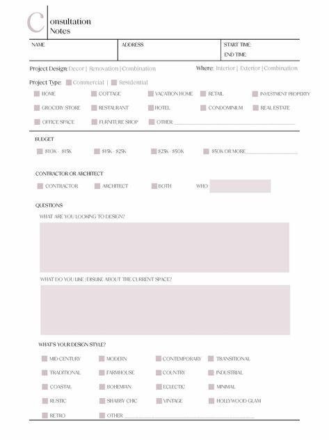 INSTANT DOWNLOAD client consultation template,  editable, small business, interior designers, minimalistic,  printable, Ipad, digital form 2024masterplanner #socialmediaplanner. Design Consultation Template, Graphic Designer Client Questionnaire, Interior Design Client Brief Template, Interior Design Client Questionnaire Template, Graphic Design Client Questionnaire, Interior Design Questionnaire Template, Client Questionnaire Templates, Interior Design Consultation Form, Interior Design Budget Template