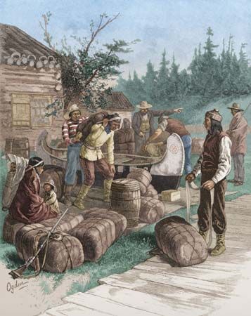 Photograph:Indians trade furs with settlers at a Hudson's Bay Company trading post in Canada. Mountain Man Rendezvous, Hudson Bay Company, Mountain Men, Fur Trade, Colonial America, Canadian History, Hudson Bay, Mountain Man, Western Art