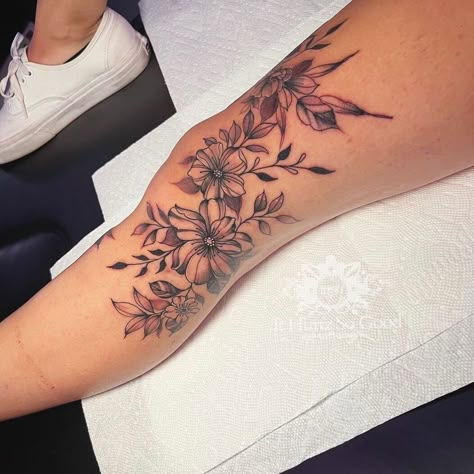 Thigh And Knee Tattoos Women, Tattoos On Thigh For Women, Wrap Around Calf Tattoos For Women, Side Of Knee Tattoos Women, Feminine Leg Sleeve Tattoo, Theigh Tattoos, Knee Tats, Front Thigh Tattoos, Tattoo Knee