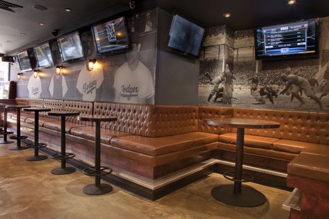 faux wall wrap with tv display...leather accents are really nice, too. Sport Bar Design, Golf Bar, Leather Banquette, Pool Table Room, Sport Bar, Bamboo House Design, Faux Walls, Bar Interior Design, Restaurant Ideas