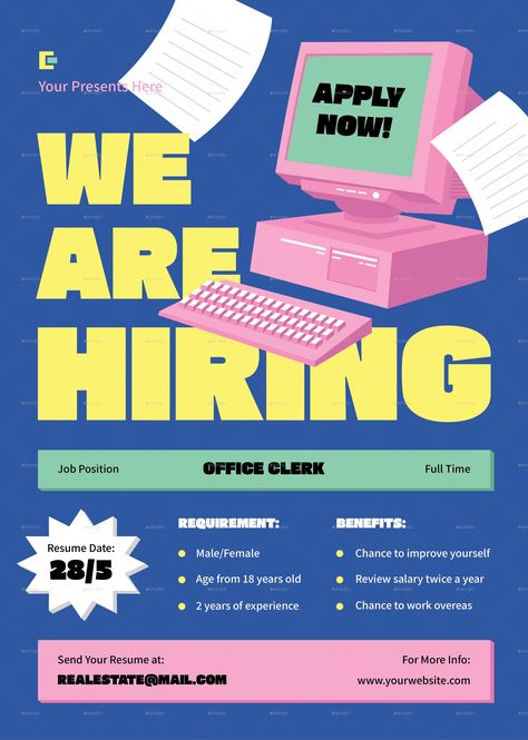 Blue Office Clerk Job Hiring Flyer Job Advertisement Poster, Job Hiring Poster, Hiring Flyer, Web Design Jobs, Hiring Poster, Job Poster, Real Estate Marketing Design, Recruitment Poster, School Jobs