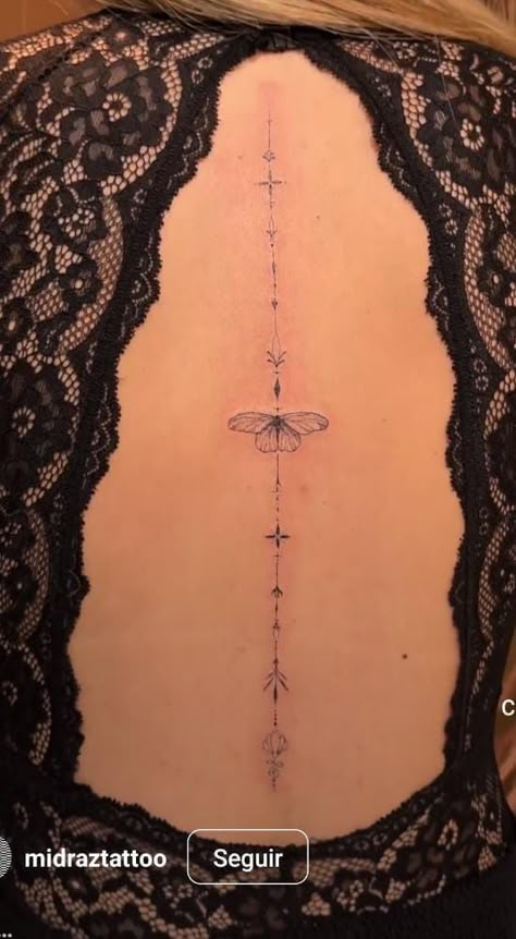 Spine Tattoos For Women Geometric, Woman Back Tattoo, Delicate Spine Tattoos For Women, Cute Spine Tattoos, Women's Back Tattoos, Girl Spine Tattoos, Back Tattoos Spine, Feminine Back Tattoos, Spinal Tattoo