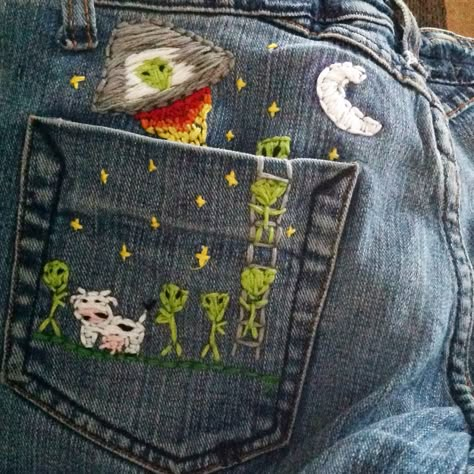 Luna Hale, Alien Embroidery, Space Embroidery, Pants Embroidery, Punk Fashion Diy, Clothes Embroidery Diy, Denim Embroidery, Dipper Pines, Cute Alien