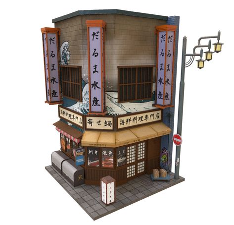 ArtStation - Japanese sushi restaurant, inspired by Osaka buildings, Andy Harris Sushi Restaurant Design, Japanese Sushi Restaurant, Japanese Buildings, Japanese Town, Japan Sushi, Japanese Style House, Traditional Japanese House, City Layout, Sushi Restaurant