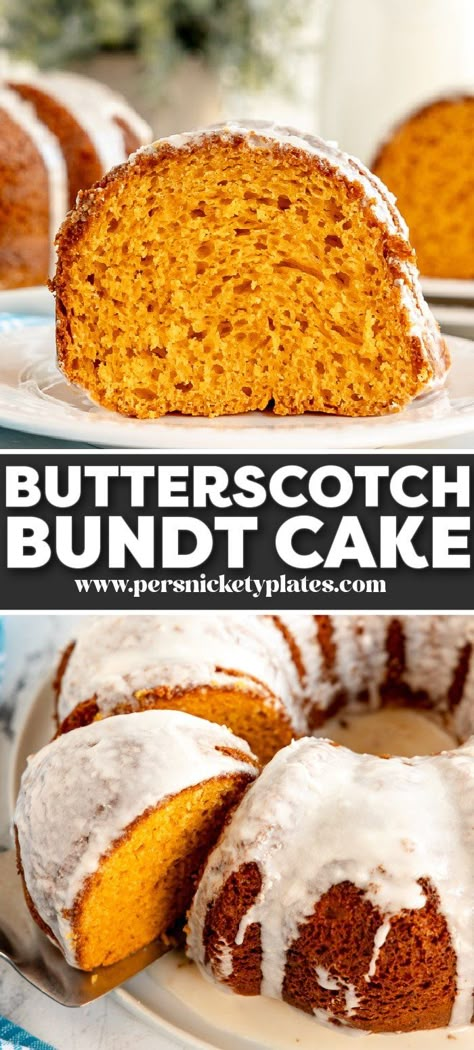 Butterscotch bundt cake is a moist and flavorful bundt cake made with the help of a cake mix and jello butterscotch pudding. A simple and elegant dessert, perfect for the holiday table! Butterscotch Bundt Cake, Butterscotch Icing, Butterscotch Cake, Butterscotch Pudding, Sour Cream Cake, Cakes To Make, Savory Cakes, Homemade Whipped Cream, Bundt Cakes Recipes