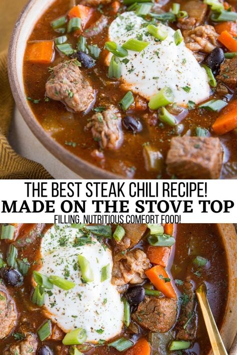 Best Steak Chili Recipe - The Roasted Root Best Steak Chili Recipe, Steak Chili Recipe, Stove Top Steak, Chili Recipe Stovetop, Steak Chili, Healthy Steak, Delicious Chili Recipe, The Best Steak, Chili Ingredients