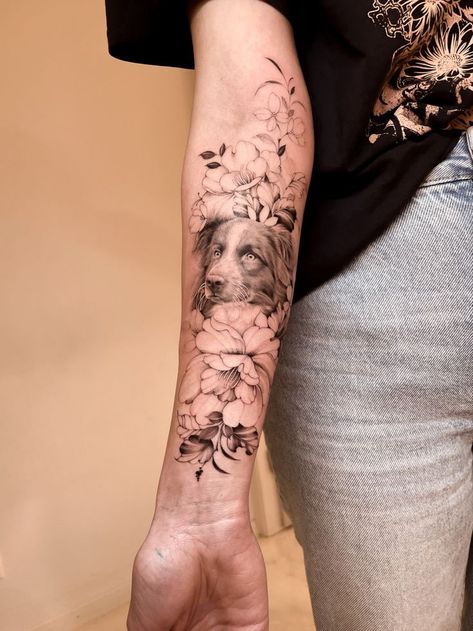 Womens Dog Tattoo, Dog Arm Tattoos For Women, Aussie Tattoo Dog, Dog Themed Tattoo Sleeve, Cute Dog Tattoos For Women, Nature Tattoo Ideas Female, Floral Dog Tattoo Design, Pet Tattoo Sleeve, Pet Sleeve Tattoo