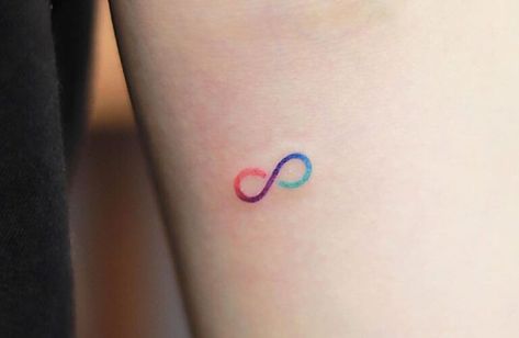 Arm Tattoos For Women Colorful, Infinity Rainbow Tattoo, Minimal Tattoos For Women With Meaning, Colorful Tiny Tattoos, Colored Small Tattoos, Minimal Tattoo Color, Tiny Colorful Tattoos, Small Colorful Tattoos For Women, Colored Tattoos For Women