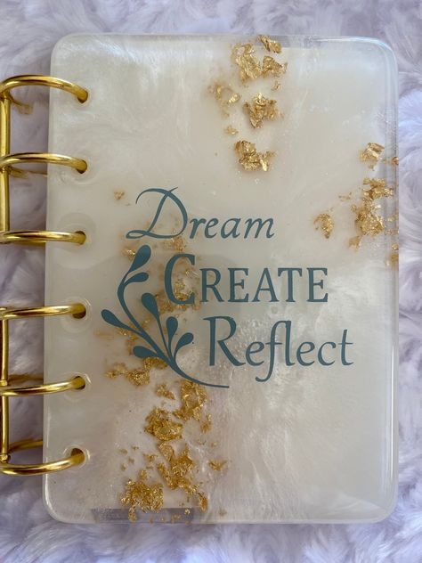 Beautiful Creamy White and Gold Flake Resin Notebook/Dream, Create, & Reflect on Front Cover/Handmade/ A7 Size Journal/Personal Clutch Diary by KDKhandcrafted on Etsy Resin Dairy Cover, Resin Dairy, Resin Clipboard, Resin Diary, Resin Notebook, Resin Book, Circuit Ideas, Journal Handmade, Book Board