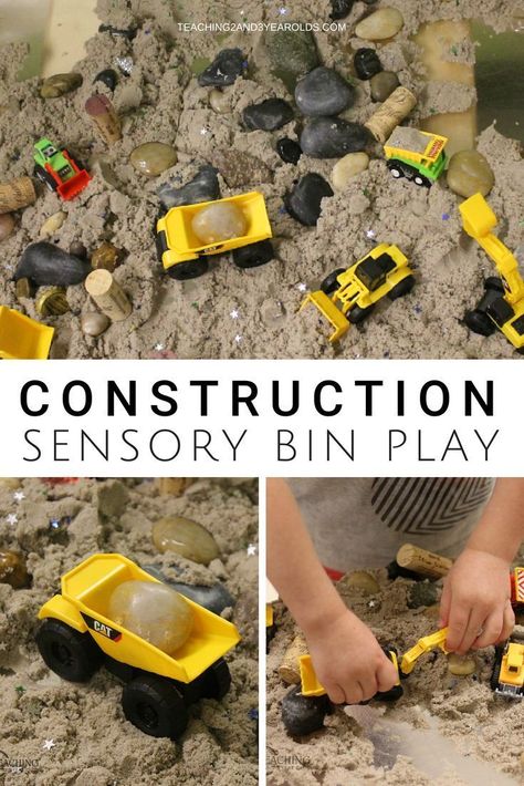 It's easy to make a construction sensory bin when using kinetic sand. Simply mix it with some loose parts and add construction vehicles, and it's ready to go! #sensorybin #construction #finemotor #toddlers #preschool #classroom #teachers #homeschool #play #AGE2 #AGE3 #AGE4 #teaching2and3yearolds Preschool Construction, Sensory Bin Play, Preschool Sensory, Transportation Unit, Sensory Tubs, Tuff Spot, Sensory Boxes, Sand Play, Sensory Table