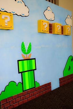 DSC_0597 Mario Bros School Theme, Mario Hallway Theme, Mario Kart Hallway Decorations, Mario Stage Design, Mario Kart Birthday Party Backdrop, Princess Peach Party, Mario Bros Birthday Party Ideas, Nintendo Party, Mario E Luigi