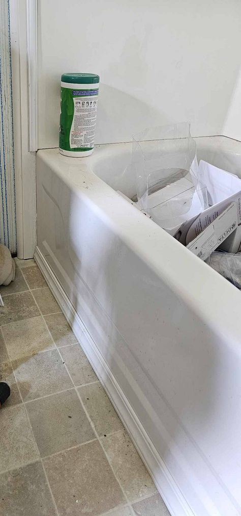 The wall had an overhangso the trim needed something to cover the gap. Also used quarter round bc trim had to be shimmed to sit flush with surround. Bathtub Skirt, Tub Skirt, Bathtub Tile, Pvc Trim, Floor Trim, Diy Home Repair, Renter Friendly, Diy Bath Products, Home Repair