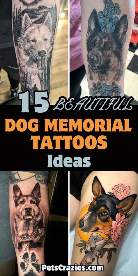 This image showcases four beautiful dog memorial tattoo ideas. The text "15 Beautiful Dog Memorial Tattoos Ideas" is prominently displayed in bold, with various designs ranging from realistic dog portraits to floral and paw print elements. The tattoos feature intricate details, capturing the essence of beloved pets, and offer inspiration for those seeking a meaningful way to honor their dogs' memory through body art. Dog Memory Tattoo Ideas, Dog Memorial Tattoos Men, Dog Tattoo Forearm, Pet Memorial Tattoo Dogs, Dog Memorial Tattoo, Memorial Tattoo Ideas, Pet Memorial Tattoo, Tribute Tattoos, Dog Memorial Tattoos