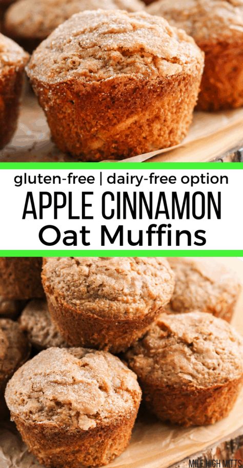 Classic Apple Cinnamon Oat muffins made with sweet apples and warm cinnamon, and made healthy with applesauce and oat flour. These easy, moist muffins are topped with a light cinnamon sugar topping and are bursting with the best Fall flavors. This recipe is gluten-free with an easy dairy-free option, making it a great homemade breakfast for kids and adults. Apple Cinnamon Oat Muffins, Cinnamon Oat Muffins, Gluten Free Dairy Free Muffins, Dairy Free Muffins, Glutenfri Baking, Oat Flour Recipes, Df Recipes, Sweet Apples, Moist Muffins