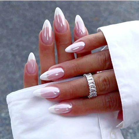 Other | Chrome French Tip Manicure Press On Nails | Poshmark Almond Nails For Work, French Nail Designs Almond Shape, Oval Medium Nails, Almond Shape French Tip Nails, Baby Shower Nails Girl, Proposal Nails Ideas, Summer Nails Almond Shape, Baby Shower Nails, Nails Chrome