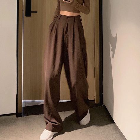 Rorah Plain High-Waist Wide-Leg Pants | YesStyle Brown Wide Leg Pants Outfit, Pants Dark Academia, Brown Wide Leg Pants, Black High Waisted Pants, Maxi Pants, Create A Business, High Waisted Dress Pants, Casual Dress Pants, Fancy Tops