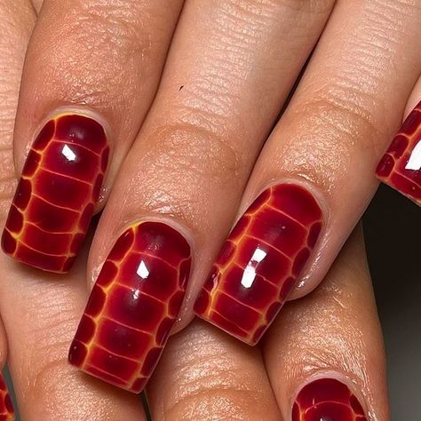 J3N NAILED IT on Instagram: "❤️ red snake nails for beautiful lovely @samanthanovva ❤️  Builder gel extensions  Blossom gel snake   #ifitwasntj3ndothemagain   DM 2 BOOK   #londonnails #fulhamnails #nailsoftheday #nailsoftheweek #popularnails #nails #celebnails #rednails #longnails #nailextensions #classynails #winternails #christmasnails #fyp #explorepage #squarenails #trending #fulham #smallbusiness #safespace" Interesting Nail Art, Red Snake Print Nails, Reptile Skin Nails, Red Snakeskin Nails, Red Alligator Nails, Red Snake Skin Nails, Snake Skin Nail Art, Red Snake Nails, Enid Nails