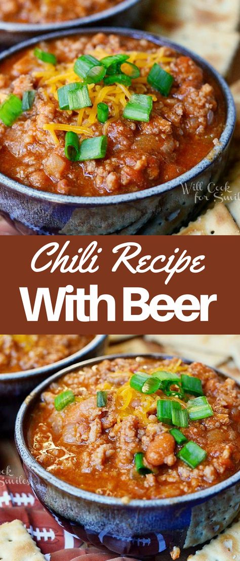 Chili With Beef And Pork, Best Beer Chili Recipe, Chili Recipe With Italian Sausage And Ground Beef, Chili Made With Beer, Ground Venison Chili Recipes, Chili With Beer Recipe, Boston Beer Chili, Chili Beer Recipe, Smoked Pork Chili Recipe