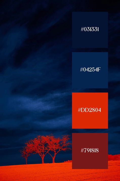 A dramatic landscape with a vividly colored tree line against a deep and darkened sky. This blue and red palette showing how  strong contrast between the foreground and background creates a powerful and surreal visual effect. Deep Red And Blue Color Palette, Dark Blue Complementary Colors, Deep Blue Color Combination, Lightning Color Palette, Color Palette Blue And Red, Blue Complementary Color Palette, Brand Color Combinations, Red And Blue Colour Palette, Two Colours Combinations