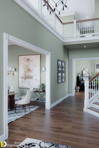 Grey Hardwood Floors Wall Color, Oak Floor Green Walls, Light Flooring Color Scheme, Light Wood Floors Green Walls, Wall Color To Match Wood Floor, Interior Paint To Brighten Room, Wood And Wall Color Combination, Light Green Grey Living Room, Light Wall Colours Living Room