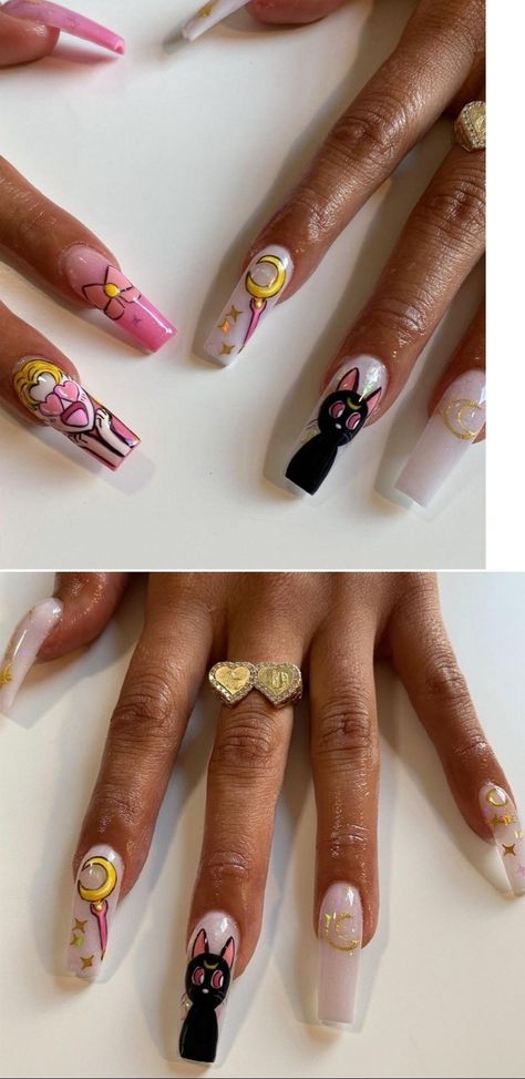 Sailor Moon Short Nails, Sailor Moon Nails Simple, Sailor Venus Nails, Sailor Moon Acrylic Nails, Sailor Moon Nails Acrylic, Sailor Moon Nails Design, Sailor Moon Inspired Nails, Uñas Sailor Moon, Sailor Moon Nail Art