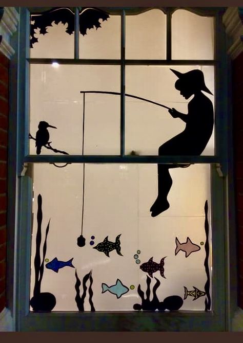 boy fishing in pond silhouette in forest setting with woodpecker, fish and pond weed Window Decoration Ideas For School, Summer Window Art, Summer Window Painting, School Window Decorations, Window Art Ideas, Window Stencils, Classroom Window Decorations, Window Seat Ideas, Window Silhouette