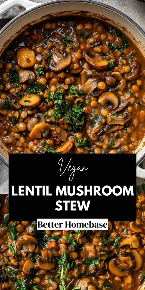 This vegan lentil mushroom stew is a hearty, nutritious, and flavorful dish perfect for cozy dinners or meal prep.  Packed with protein from lentils and umami from mushrooms, it's a satisfying plant-based meal that's easy to customize. Vegan Mushroom Lentil Stew, Lentils And Mushrooms, Lunch With Mushrooms, Mushroom Lentil Recipes, Lentil And Mushroom Stew, Lentil Kale Recipes, Dinner With Lentils, Mushroom Plant Based Recipe, Wfpb Mushroom Recipes