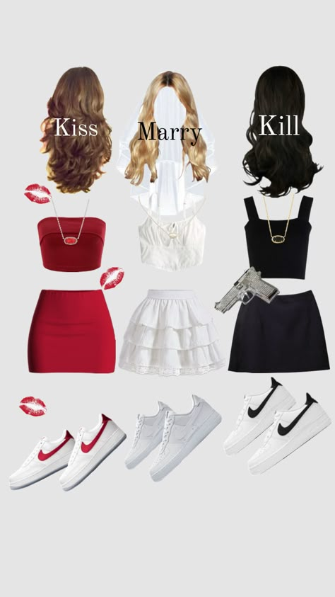 Trio Halloween costume kiss 💋 marry 💍 kill 🖤 Kiss Marry Kill, Clothes And Shoes, Daily Inspiration, Halloween Costume, Pop Culture, Kiss, Halloween, Clothes