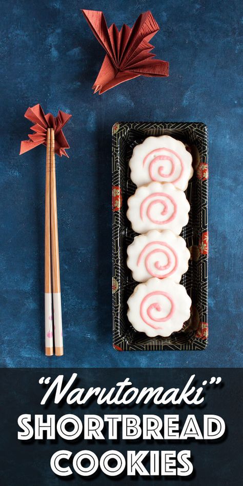 These Narutomaki Shortbread Cookies are made with classic butter shortbread cookies, coated in white chocolate and decorated with pink dyed white chocolate to look like the Japanese fish cake - “narutomaki”. | wildwildwhisk.com #shortbreadcookies Japanese Fish Cake, Butter Shortbread Cookies, Japanese Cookies, Butter Shortbread, Cookie Recipes From Scratch, Cookie Recipes Unique, Japanese Fish, Healthy Cookie Recipes, Holiday Cookie Recipes