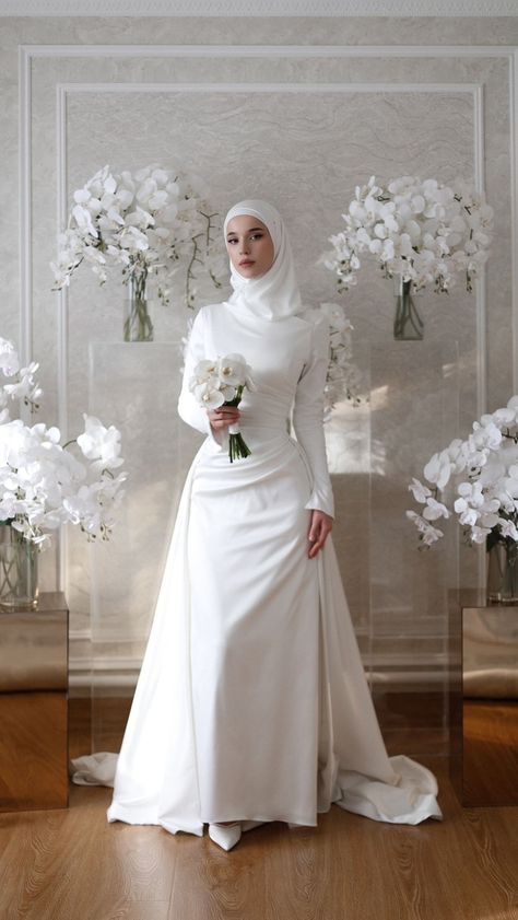 Hijabi Bride White, Hijabi Wedding Dress, Simple Engagement Dress, Turkish Wedding Dress, Hijabi Bride, Hijabi Wedding, Nikah Decor, Simple Elegant Wedding Dress, Hijabi Brides