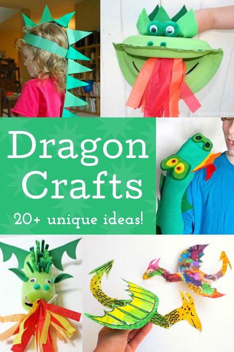 Keep kids entertained with these great ideas for dragon crafts! Many of these can be done with items you already have around the house. Appreciate A Dragon Day, Chinese Dragon Activities For Kids, Dragon Crafts For Preschoolers, Medieval Arts And Crafts, Dragon Kindergarten Activities, 7 Year Craft Ideas, Dragon Arts And Crafts For Kids, Dragon Art And Crafts For Kids, Dragon Ornament Diy