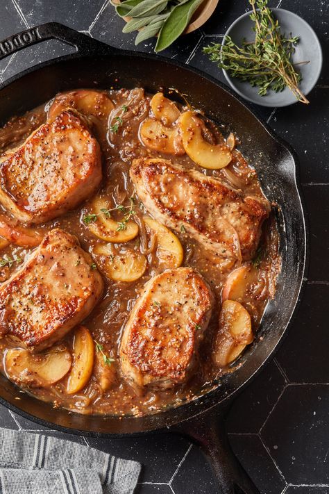 These pork chops are browned with apple butter, whole grain mustard and deliciously caramelized onions. With only 5 ingredients, this quick and easy recipe is a perfect weeknight meal. Apple Butter Pork Chops, Butter Pork Chops, Baked Stuffed Pork Chops, Perfect Pork Chops, Whole Grain Mustard, Mustard Pork Chops, Sweet Savory Recipes, Dairy Free Recipes Dinner, Easy Pork Chops