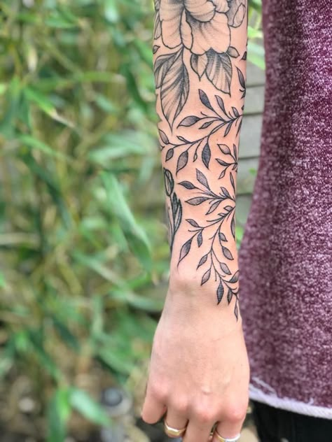 Vine Tattoos Sleeve Filler, Greenery Filler Tattoo, Vine Work Tattoo, Vines And Flowers Tattoo Sleeve, Black And Grey Vine Tattoo, Flower Vine Sleeve Tattoo, Vine Filler Tattoo Ideas, Vine Tattoo Filler Ideas, Foliage Sleeve Tattoo