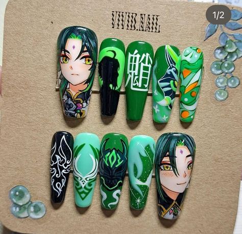 Xiao Nails Design, Fnaf Nails Ideas, Xiao Nails, Manhwa Nails, Deku Nails, Zoro Nails, Nails Station, Anime Nail, Nail Station