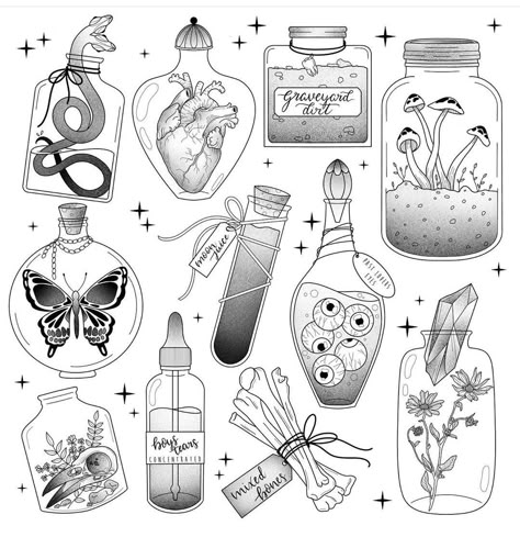 Witchcraft Tattoo, Jar Tattoo, Witchcraft Tattoos, Designs For Tattoos, Minimalist Tattoo Ideas, Bottle Drawing, Bottle Tattoo, Witch Tattoo, Flash Ideas