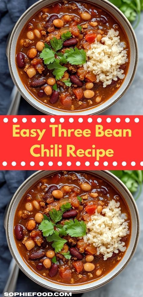 Looking for a hearty and satisfying dinner? This Easy Three Bean Chili Recipe is the perfect family dinner idea, packed with bold flavors and three types of beans, making it a nutritious choice for busy evenings. 3 Bean Chilli Recipe, 2 Bean Chili Recipe, 3 Bean Chili Recipe, Three Bean Chili Vegetarian, Three Bean Chili Recipe, 3 Bean Chili, Three Bean Chili, Bean Chili Recipe, Bean Chilli