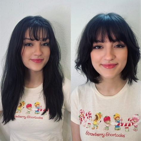 Bob Hair With Wispy Bangs, Short Black Hair With Bangs Round Faces, Black Hair Bob With Bangs, Bob With Bangs Black Hair, Short Black Bob With Bangs, Blond Highlights Bob, Black Bob With Bangs, Partial Blonde, Short Black Hair With Bangs