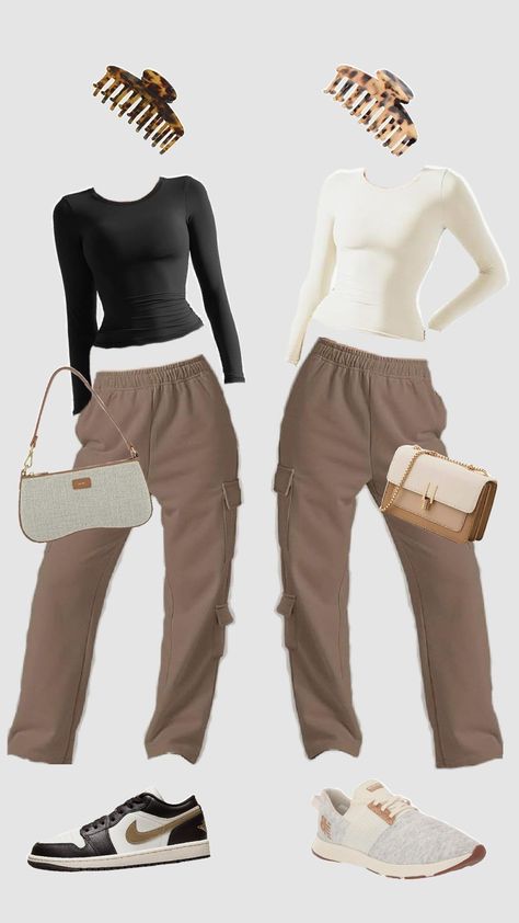 Brown Joggers Outfit, Vanilla Girl Outfits, Cargo Pants High Waisted, Clean Girl Outfits, Brown Sweatpants, Brown Joggers, Outfits Comfy, Brown Cargo Pants, Easy Outfits