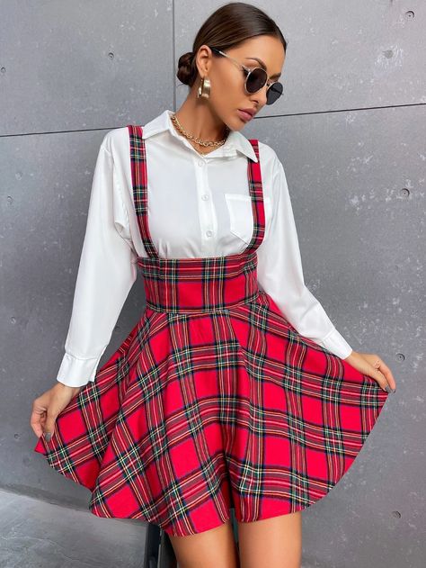 Tartan Pinafore Skirt | SHEIN USA Pinafore Dress Outfit, Skirt With Sneakers, Red Tartan Skirt, Skirts With Sneakers, Witch Store, Pinafore Skirt, Tartan Skirt, Bag Business, Vacay Outfits