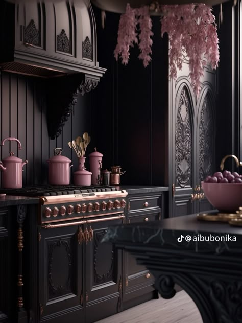 Gothic Bathroom Ideas, Paint Colors Kitchen, Gothic Bathroom, Goth Kitchen, Gothic Kitchen, Light Floors, Gothic Interior, Kitchen Ideas Dark Cabinets, Kitchen Ideas Dark