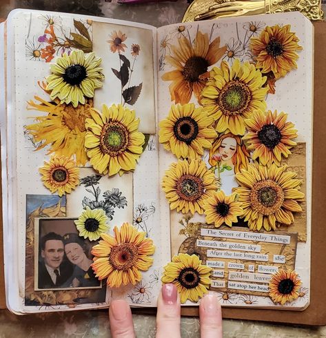 Requested journal page Bujo Sunflower Theme, Sunflower Journal Page, Sunflower Bullet Journal, Yellow Junk Journal, Sunflower Notebook, Make A Crown, Themed Journal, 4 Girls, Golden Leaves