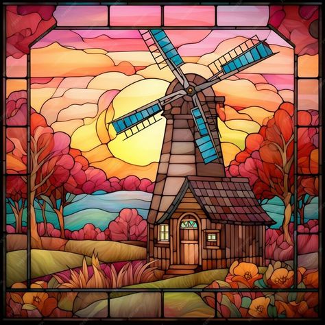 Premium Photo | A brightly colored stained glass window of a windmill in a field generative ai Resin Inspiration, Painting References, Dutch Windmills, Stained Glass Window, Stained Glass Windows, Premium Photo, Glass Window, Bright Colors, Graphic Resources