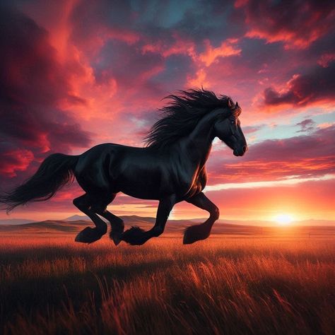 Wild Stallion Under Sunset Skies A powerful black stallion running freely across a grassy plain, with the sky painted in hues of orange and pink from a vibrant sunset. #NationalChampion #Friesian #FriesianHorse #FriesianStallion #NobelSteed #Dutch #SpanishHorse #carthusianhorse #showhorse #altaescuela #cheval #caballos #saddleseat #headshot Wild Stallion, Abstract Horse Art, Friesian Stallion, Sunset Skies, Shire Horse, Show Horse, Abstract Horse, Black Stallion, Horse Treats