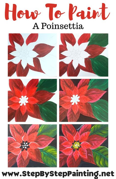 How To Paint A Poinsettia - Step By Step Painting With Tracie Kiernan How To Paint A Poinsettia Step By Step, How To Paint A Poinsettia, 4 X 4 Canvas Painting Ideas, Art Traceables, Things To Draw And Paint, Tracie Kiernan, Cool Things To Draw, Skeleton Leaves, Draw And Paint