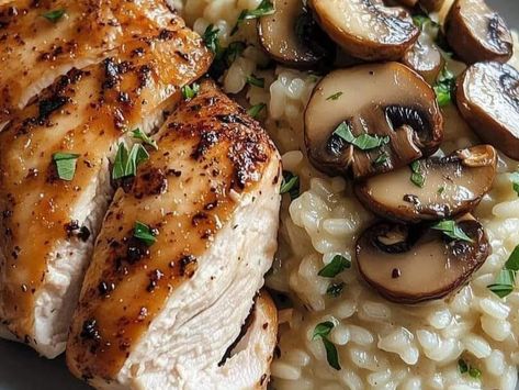 Restaurant-Quality Garlic Herb Chicken with Mushroom Risotto—Perfect for Home Cooks! - NewsBreak Risotto And Chicken, Chicken With Mushroom, Pork Stew Recipes, Chicken Parmesan Recipe Easy, Grilled Peach Salad, Garlic Herb Chicken, Vegetable Dumplings, Cheese Burger Soup Recipes, Crescent Recipes