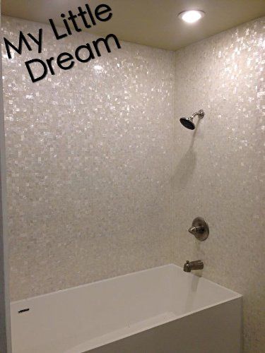 Glitter Shower Tile, Sparkly Bathroom Ideas, All White Tile Bathroom, Tile Mosaic Wall, Princess Bathroom, Pearl Tiles, Sparkle Bathroom, Bathroom Upgrade, Pearl Tile