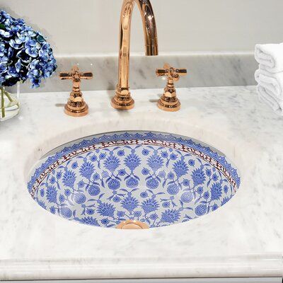 White Gold And Blue Bathroom, Undermount Basin Bathroom, Moroccan Sink Bathroom, Painted Sinks Bathroom, Unique Powder Rooms, Arabesque Bathroom, Bathroom Sink Farmhouse, Blue And White Bathroom Ideas, Nantucket Design