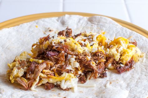 This breakfast burrito with fried-to-a-crisp barbecued pulled pork has lots of Maillard reaction... Pulled Pork Burritos Recipe, Bbq Pulled Pork Burritos, Leftover Pulled Pork Burritos, Brisket Breakfast Burritos, Pulled Pork Breakfast Burrito, Ribs Glaze Recipe, Barbecue Pulled Pork, Maillard Reaction, Breakfast Burritos Recipe