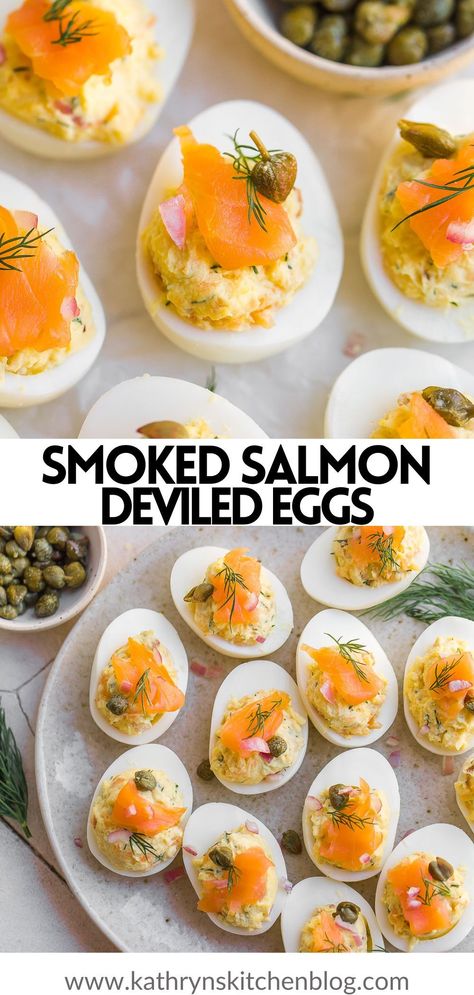 Smoked Salmon Deviled Eggs are packed with flavor, freshness, and creaminess! These colorful eggs are made with a delicious yolk filling loaded with smoked salmon, fresh lemon juice, dill, then topped with more smoked salmon! Smoked Salmon Deviled Eggs, Salmon Deviled Eggs, Deviled Egg Recipe, Colorful Eggs, Vegetable Side Dishes Recipes, Delicious Appetizer Recipes, Egg Recipe, Deviled Eggs Recipe, Deviled Egg